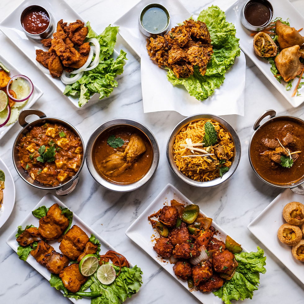 A display of various foods on a table.