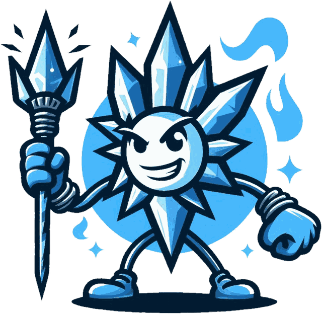 Glowing Ice mascot, an ice-crystal warrior with a spear