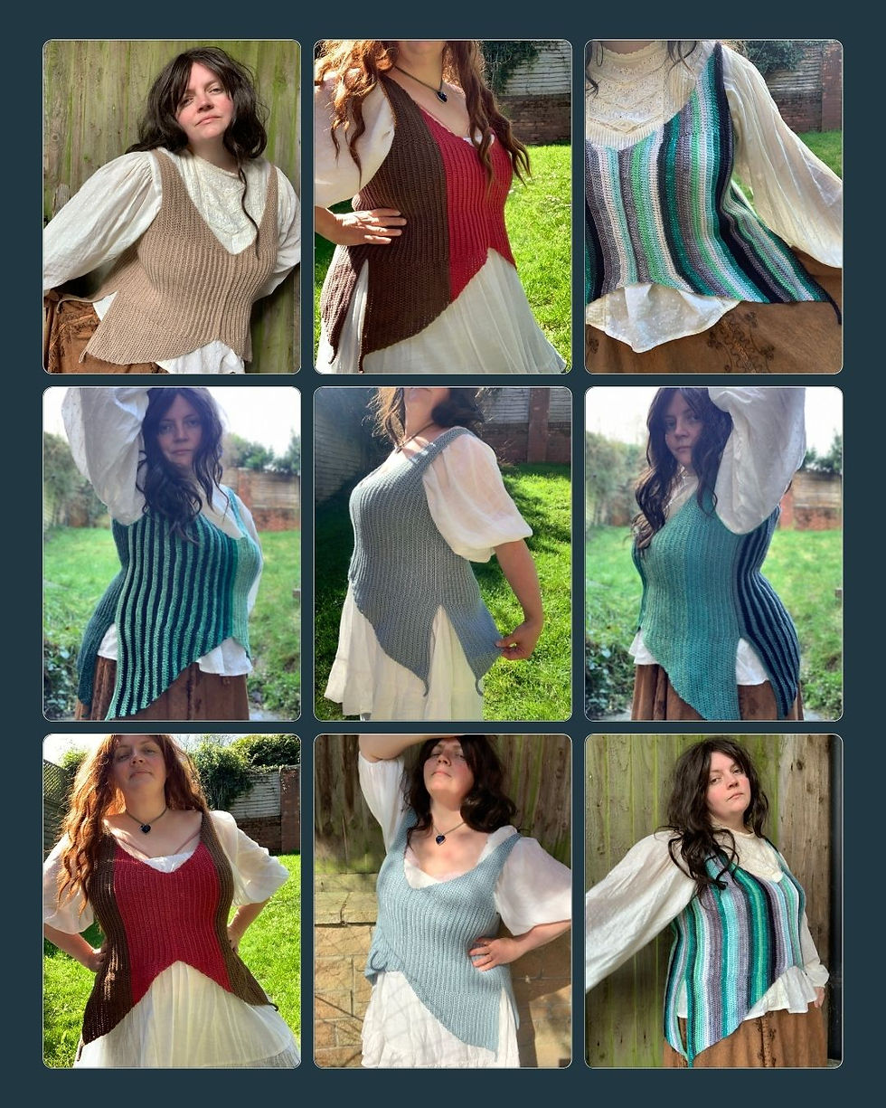 Collage of a person modeling crocheted vests in different colors. The setting is a garden with a wooden fence. Vests feature stripes and patterns.