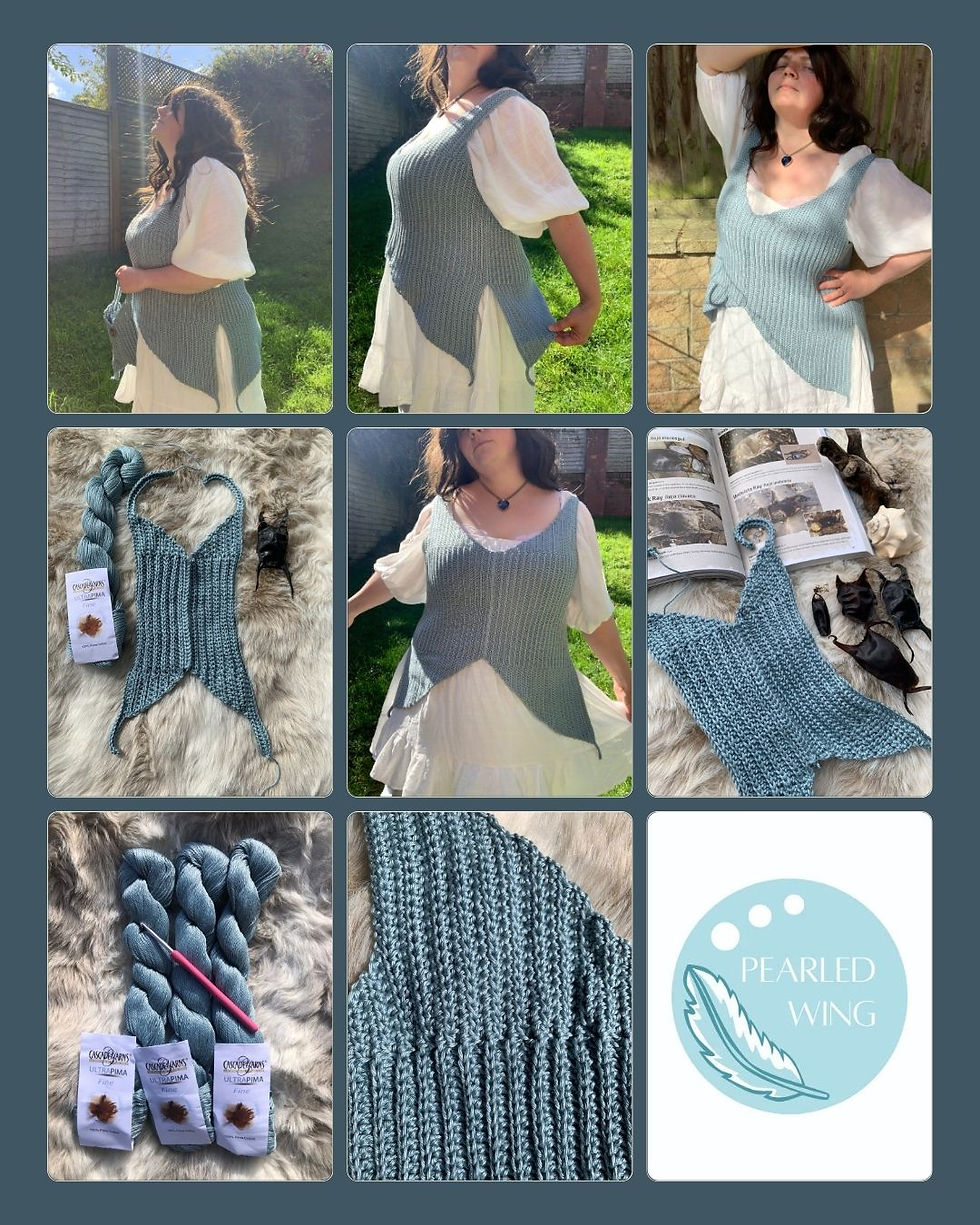 Woman models a light blue crochet top outdoors, surrounded by crochet materials. Logo reads "Pearled Wing." Sunny day with a relaxed mood.