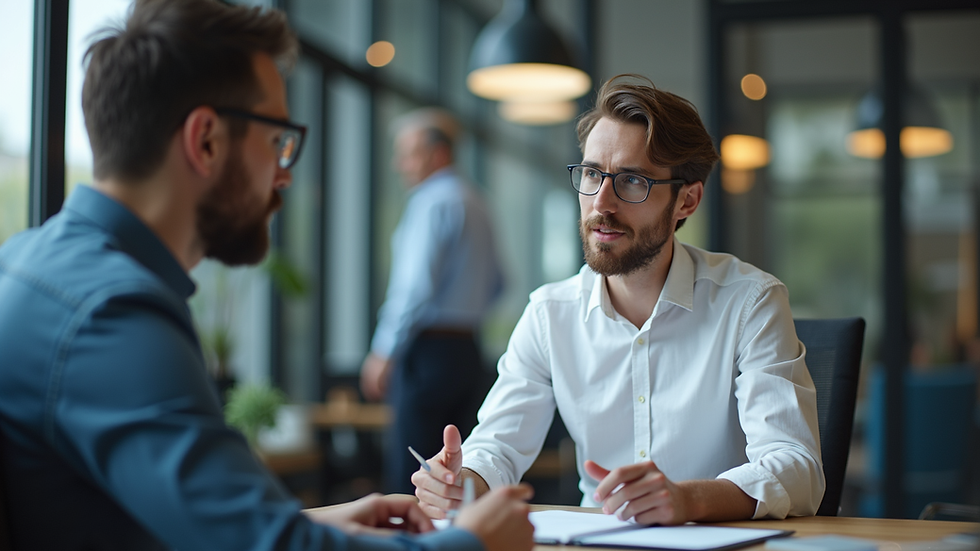 Eye-level view of a consultant explaining IT strategy to a small business owner