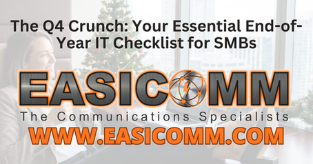 A relaxed female CEO sitting with her feet up on an executive desk in a modern office decorated for the holidays. She is smiling and holding a mug, while her laptop screen displays a large green security shield icon, indicating her IT systems are secured by EASICOMM. City skyline visible through large windows in the background.