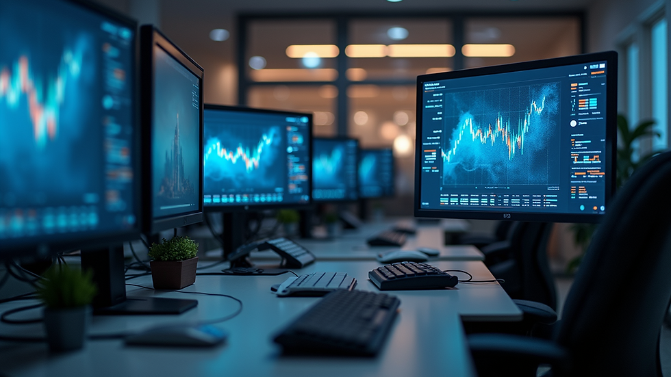 Eye-level view of a modern office workspace with multiple computer screens displaying graphs and data
