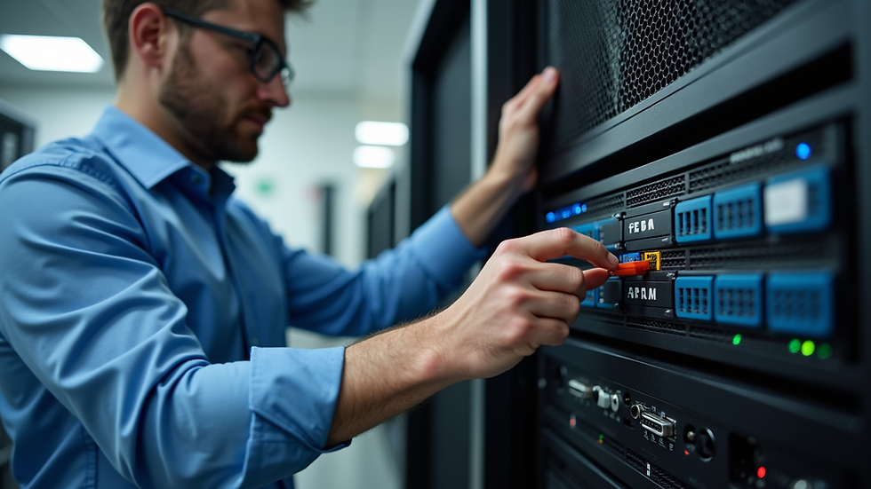 Close-up view of a technician setting up a network server in a Florida office