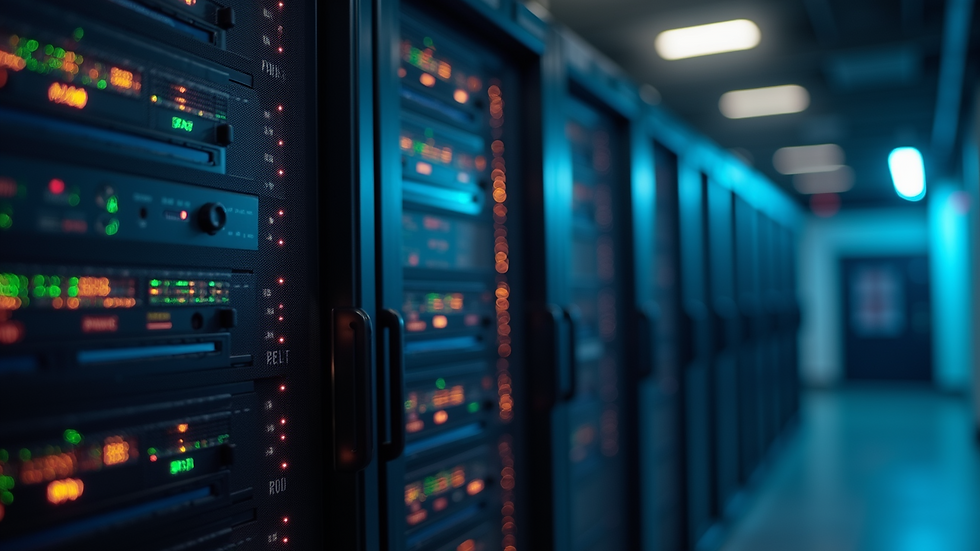 Close-up view of a server rack with blinking lights in a data center
