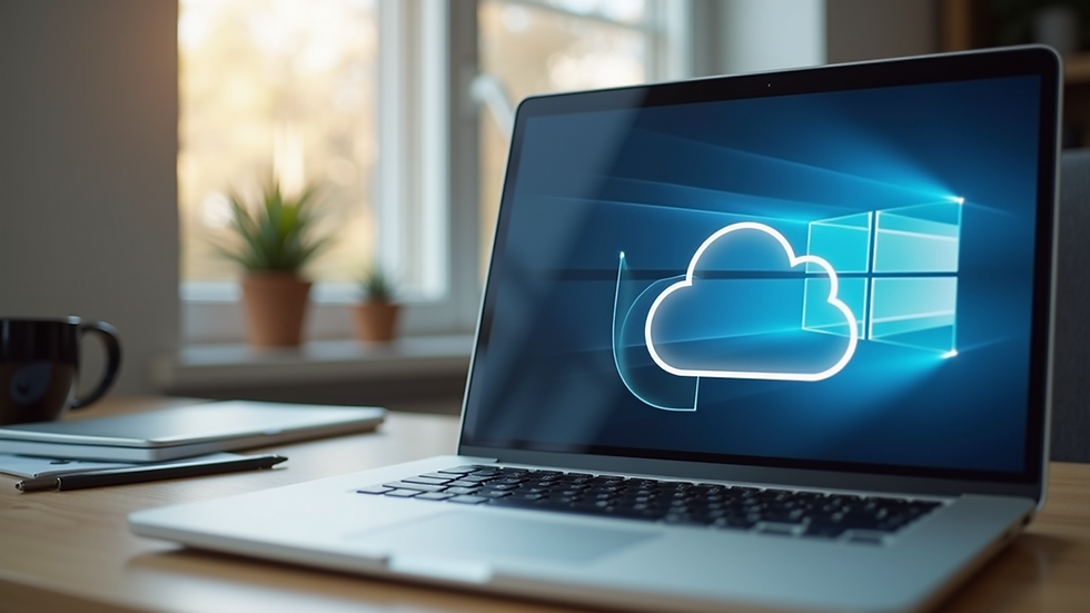 Eye-level view of a small business office with a laptop and cloud icons on screen