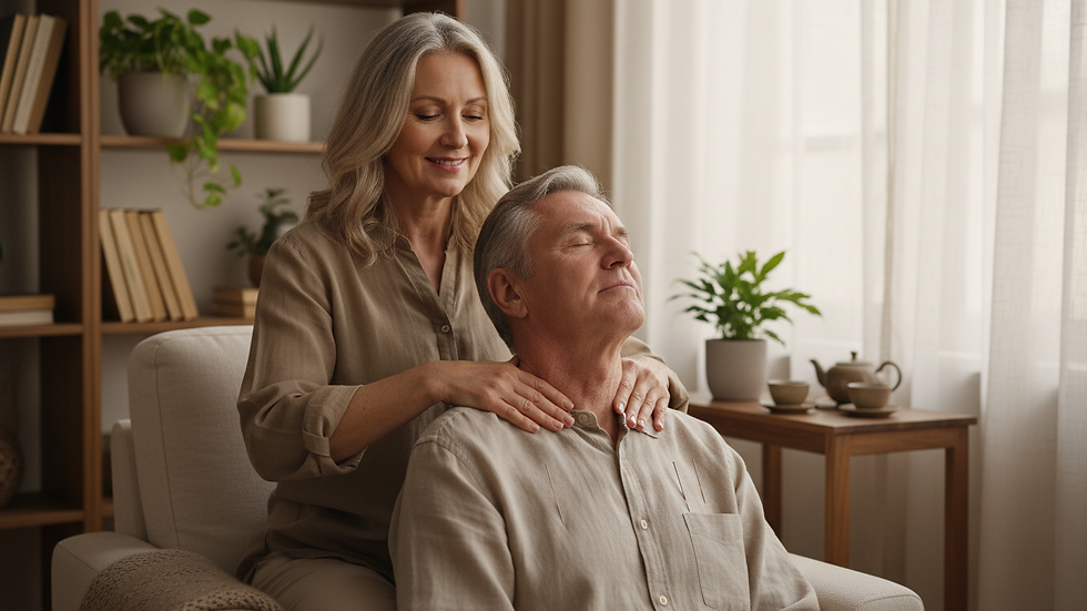 Eye-level view of a person applying acupressure to the neck area