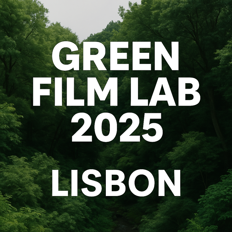 Promotional poster for Green Film Lab 2025 in Lisbon, Portugal, featuring eco-friendly film imagery with green tones, sunlight, and modern typography displaying the event dates November 7–9.