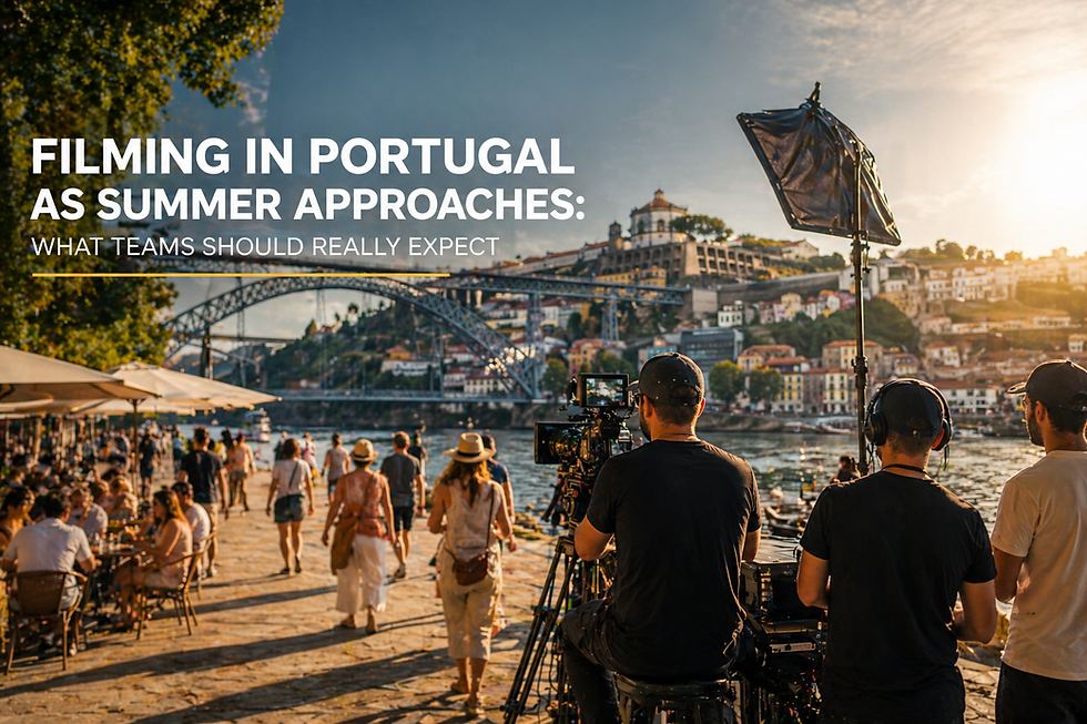 Golden hour summer view of Porto with lively streets, warm light, and a production-ready city atmosphere.