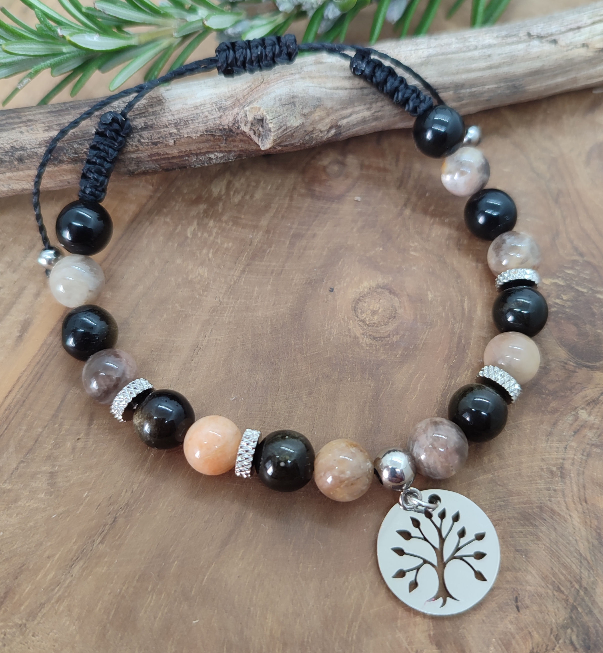 Bracelet macramé, pierre de lune et obsidienne noire dorée , arbre de vie