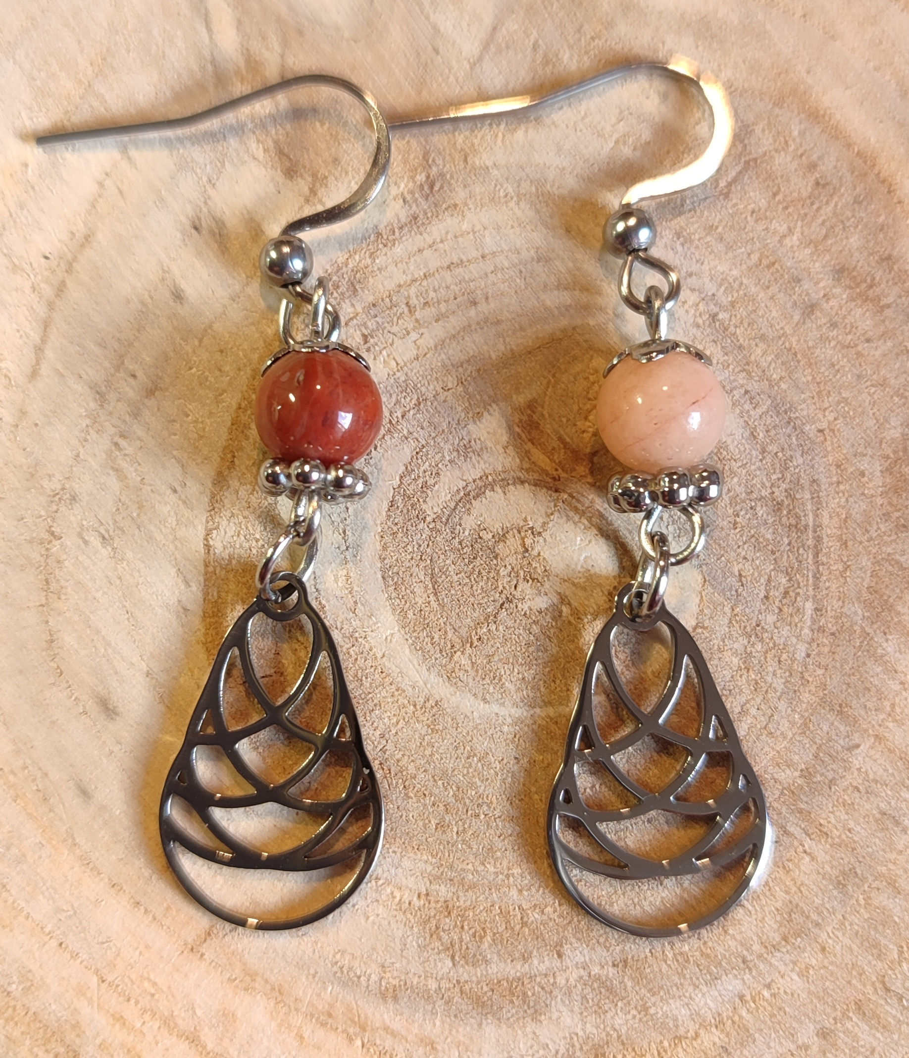 Boucles d'oreilles en aventurine abricot et acier inoxydable
