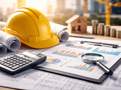 Capacete de segurança amarelo sobre plantas de engenharia, ao lado de calculadora, lupa e gráficos financeiros, com maquete de casa, pilhas de moedas e um guindaste ao fundo, representando análise de custos e planejamento de obras na construção civil.