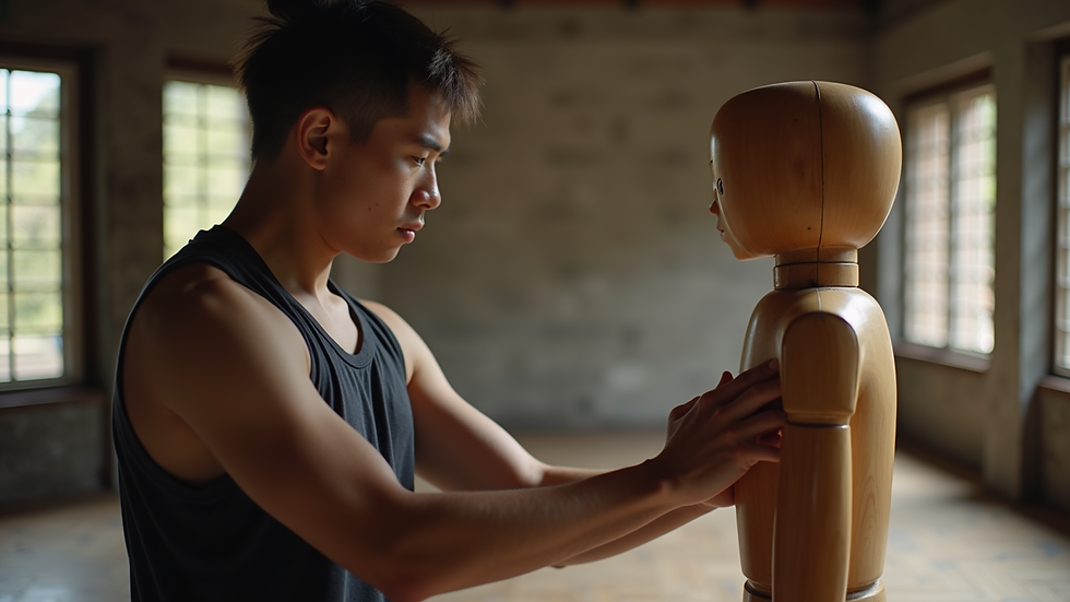 Close-up view of a student practising Wing Chun stance with wooden dummy