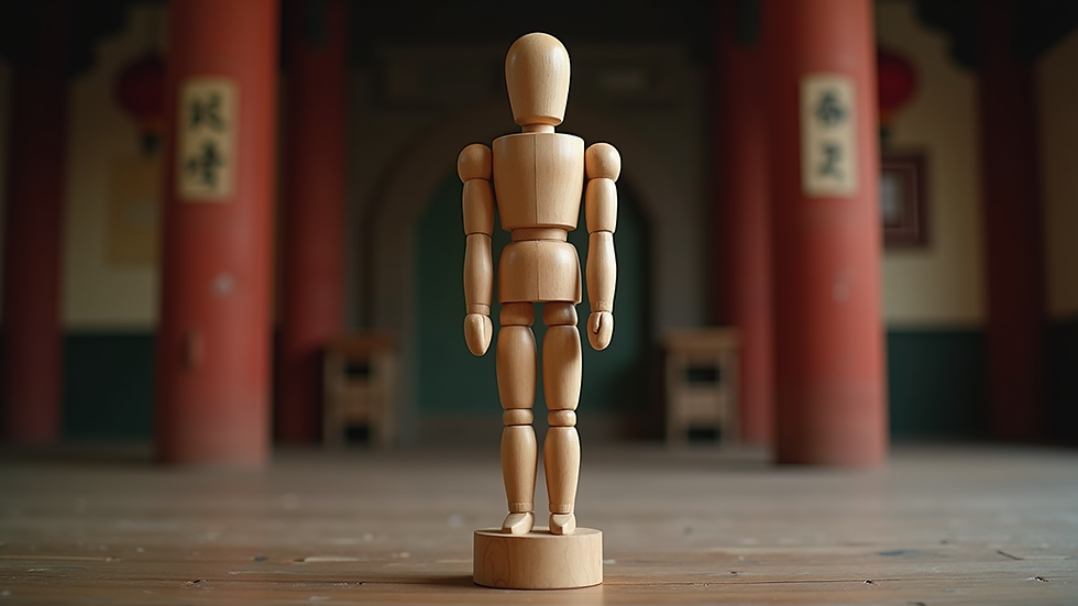 Eye-level view of wooden dummy used in Wing Chun training