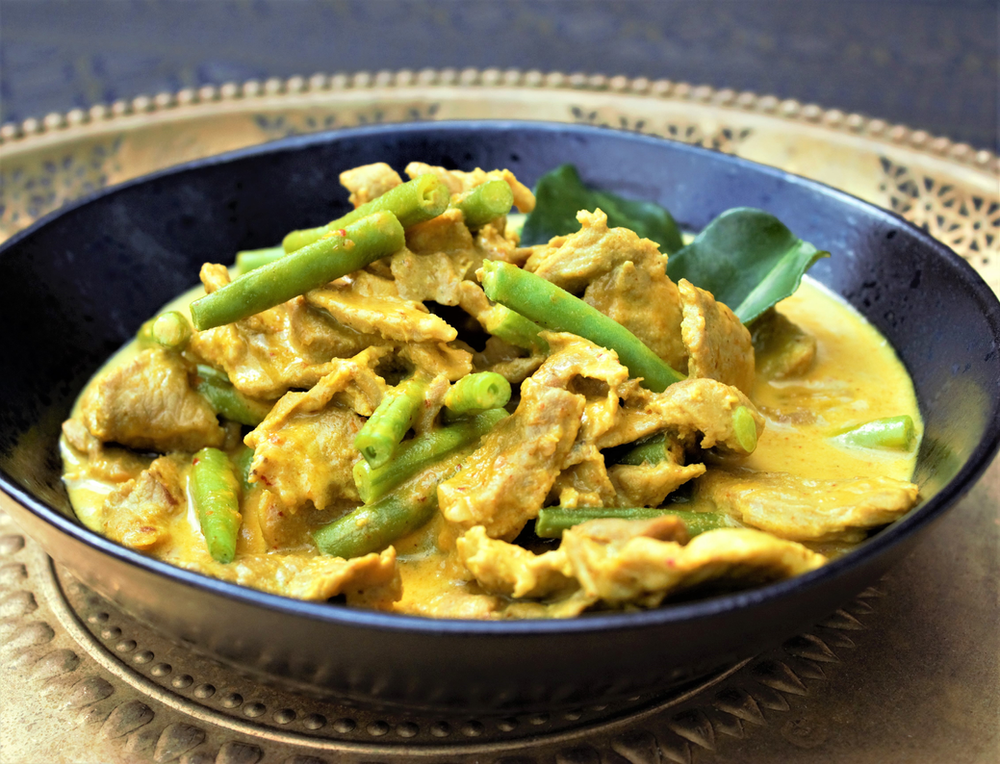 Thai Yellow Pork Curry with Green Beans and fresh Kaffir lime leaves