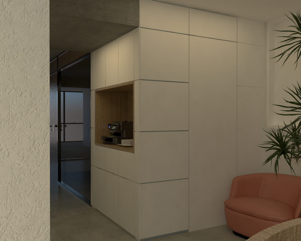 Espaço de impressão com impressora e sala de descanso