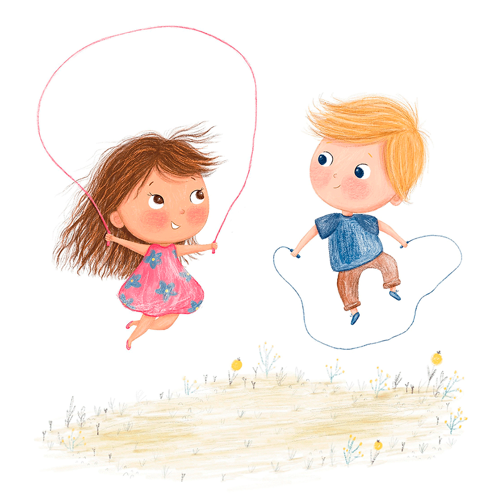 Illustration von einem Mädchen und einem Jungen, dass voller Freude auf einer Wiese Seilspringen.