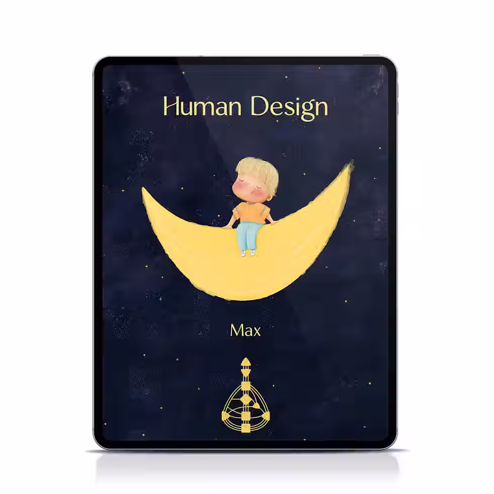 Little boy sitting on a crescent moon, surrounded by a starry space, to be used as a cover for a Human Design reading for children.