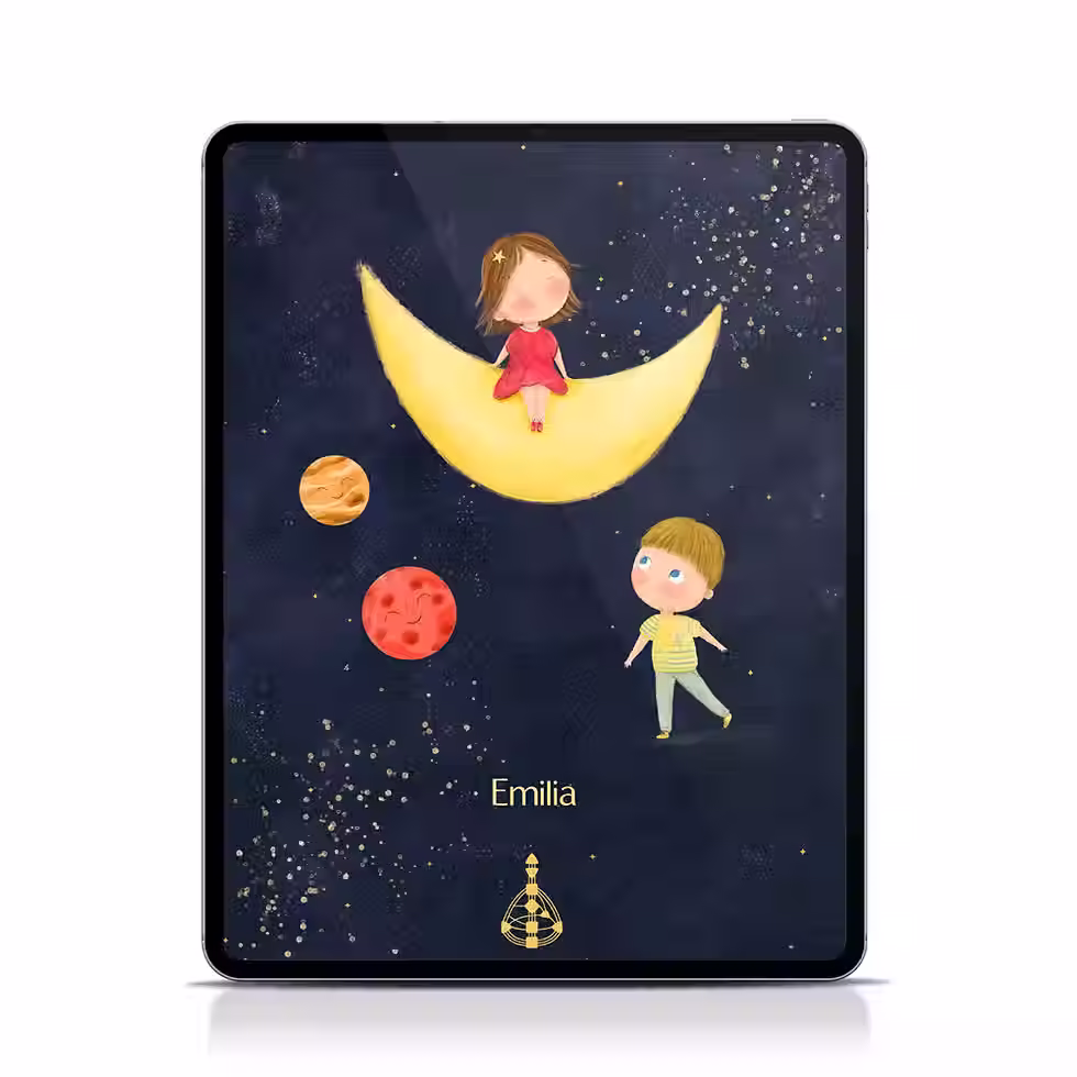 Cover for the Human Design reading book for children: A little boy looks up at a girl sitting on a crescent moon.