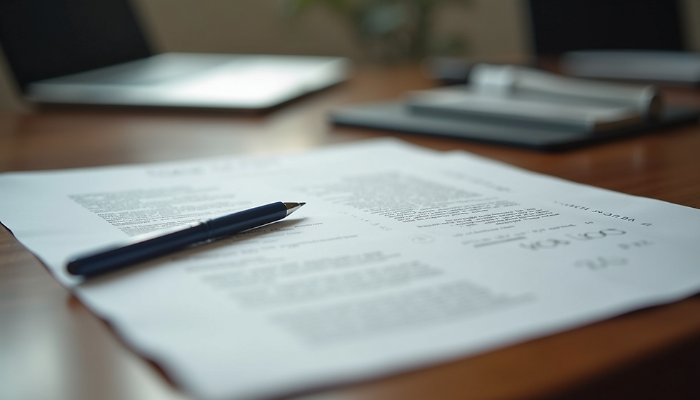 A pen rests on scattered documents on a wooden table, with blurred laptops and folders in the background, suggesting a business setting.