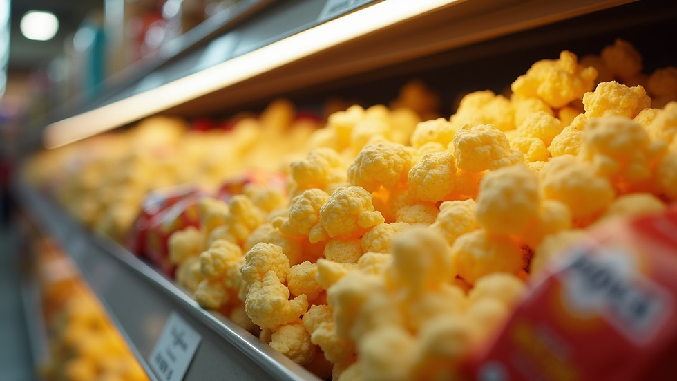 close-up view of packaged poppers ready for pickup on a shelf