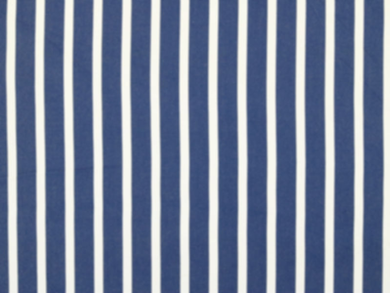 Blue and white vertical stripe indoor/outdoor fabric, UV- and water-resistant.
