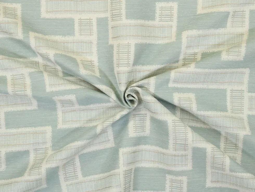 Pale blue woven upholstery fabric with geometric details, Express Track in Mist by P/K Lifestyles.