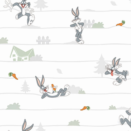 Papel tapiz infantil blanco con bugs bunny  casa raya horizontal