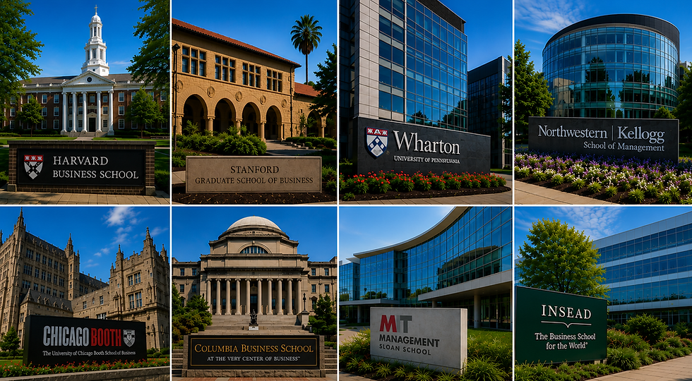 Leading global MBA programs including Harvard Business School, Stanford GSB, Wharton, Kellogg, Booth, Columbia Business School, MIT Sloan, and INSEAD. M7