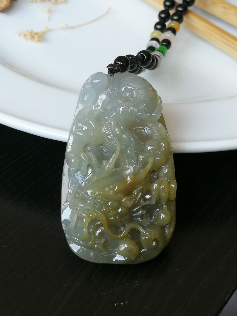 Icy Translucent Dual Colour Type A Natural Jadeite Jade Fine Craving Dragon Pend