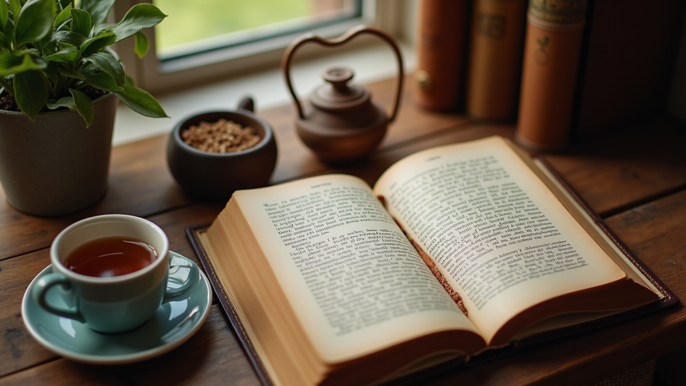 High angle view of a cozy reading nook with an open book and a warm cup of tea