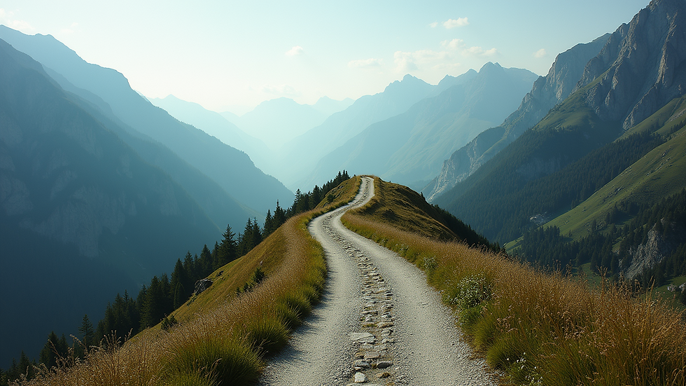 Wide angle view of a winding mountain path symbolizing a journey