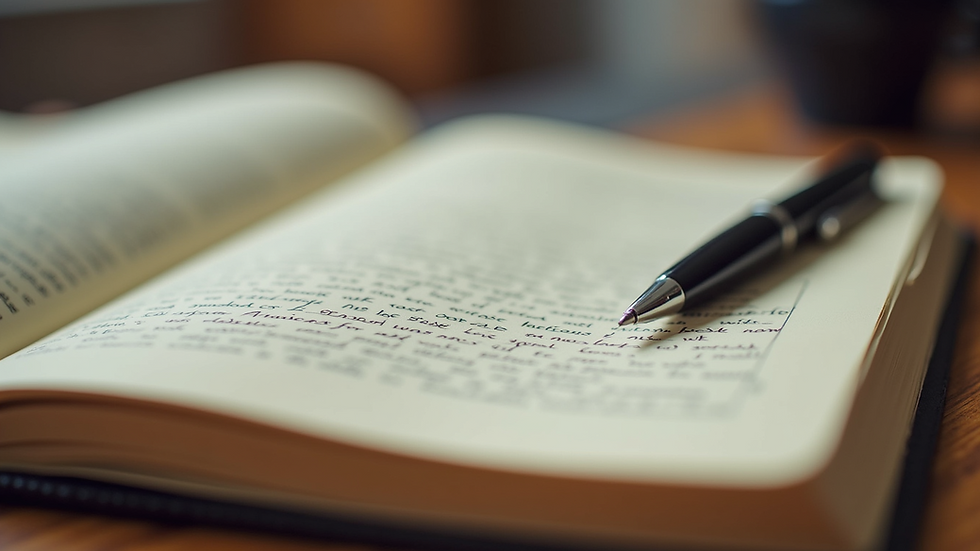 Close-up view of a journal with handwritten notes and a pen