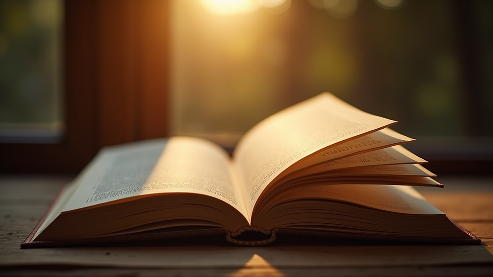 Eye-level view of an open book with a warm light shining on its pages