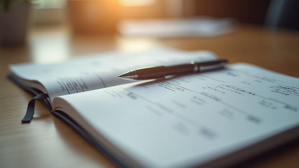 Close-up view of a notebook with handwritten plans and a pen on a wooden desk