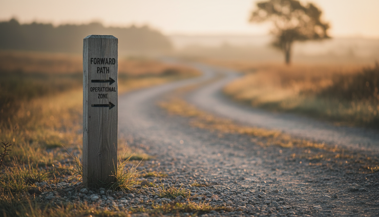 Wide-angle view of a trail marker at sunrise.