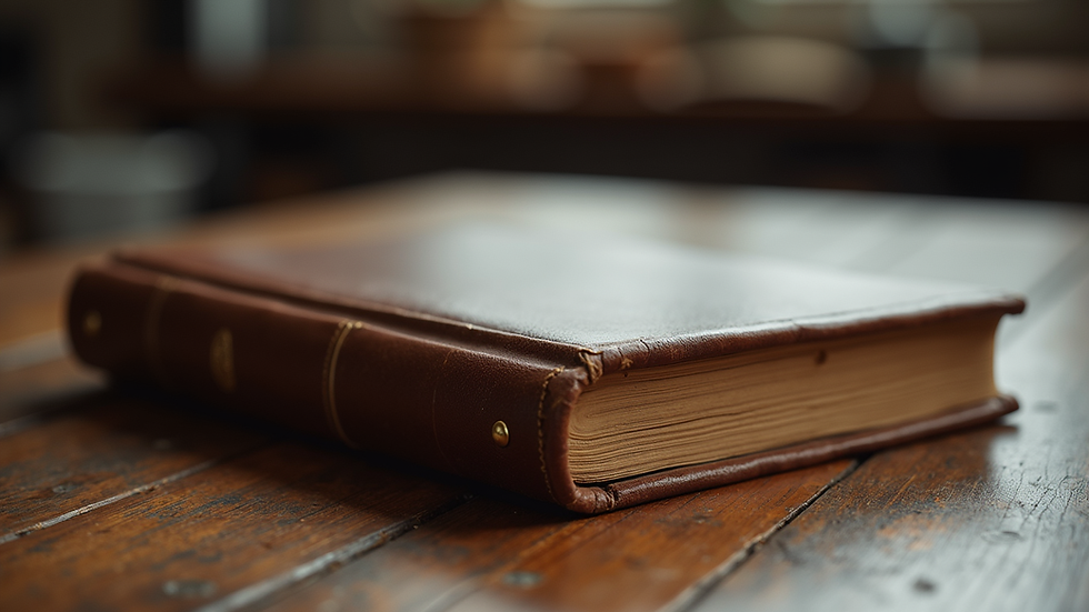 Eye-level view of a worn leather-bound book resting on a wooden table