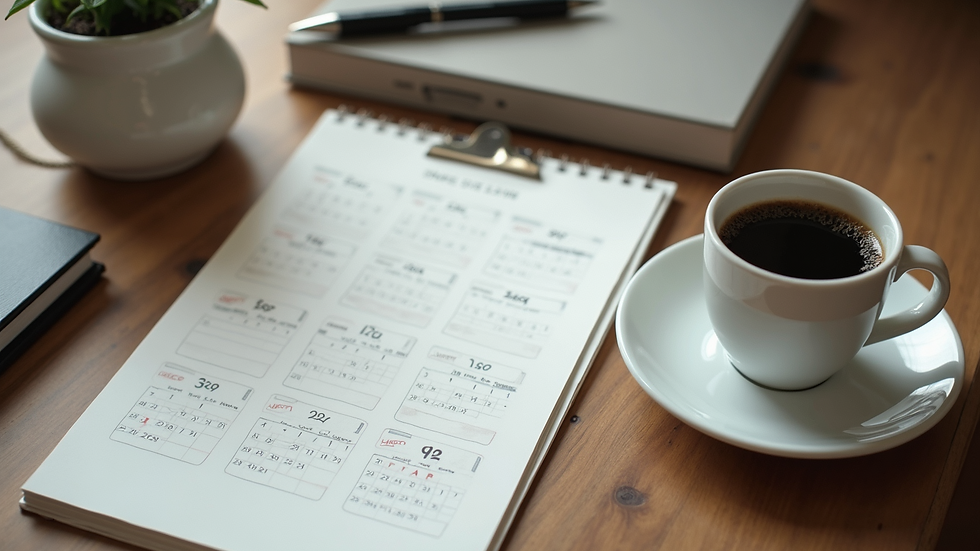 High angle view of a calendar with marked dates and a cup of coffee