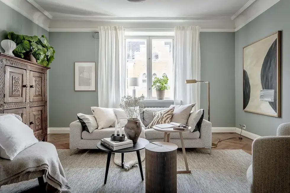 Green white and grey living room 2025