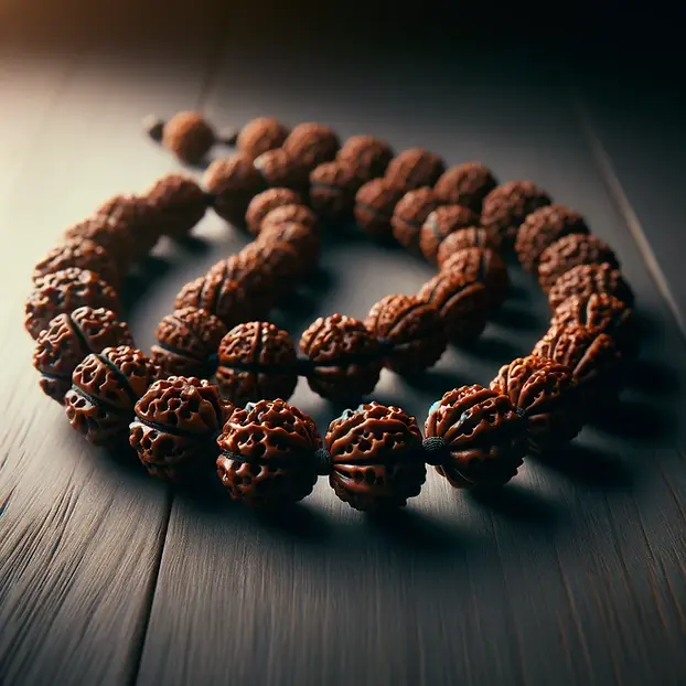 DALL·E 2024-02-24 20.44.47 - Visualize a beautifully crafted Rudraksha mala, laying elegan