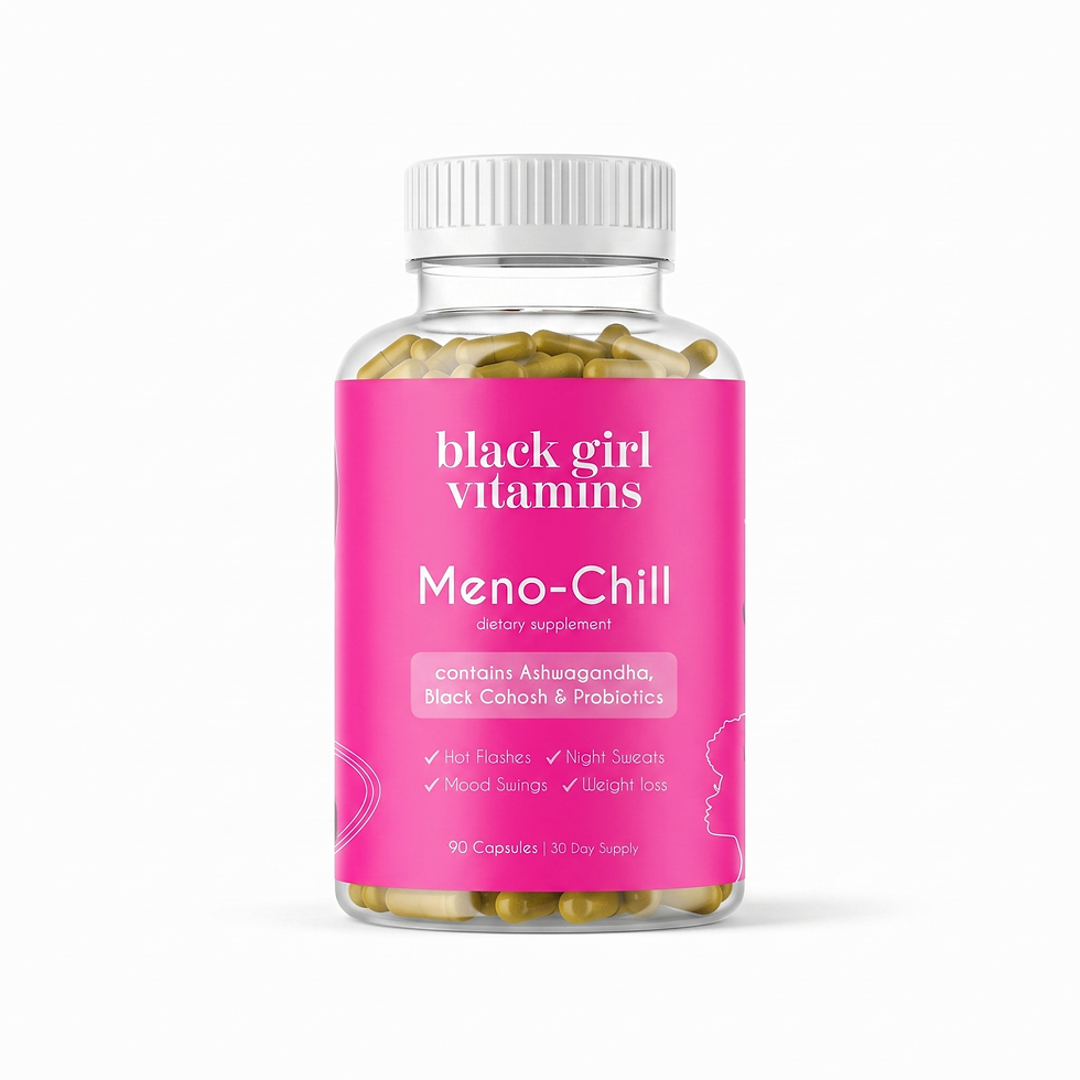 Black Girl Vitamins Meno-Chill supplement bottle in pink packaging