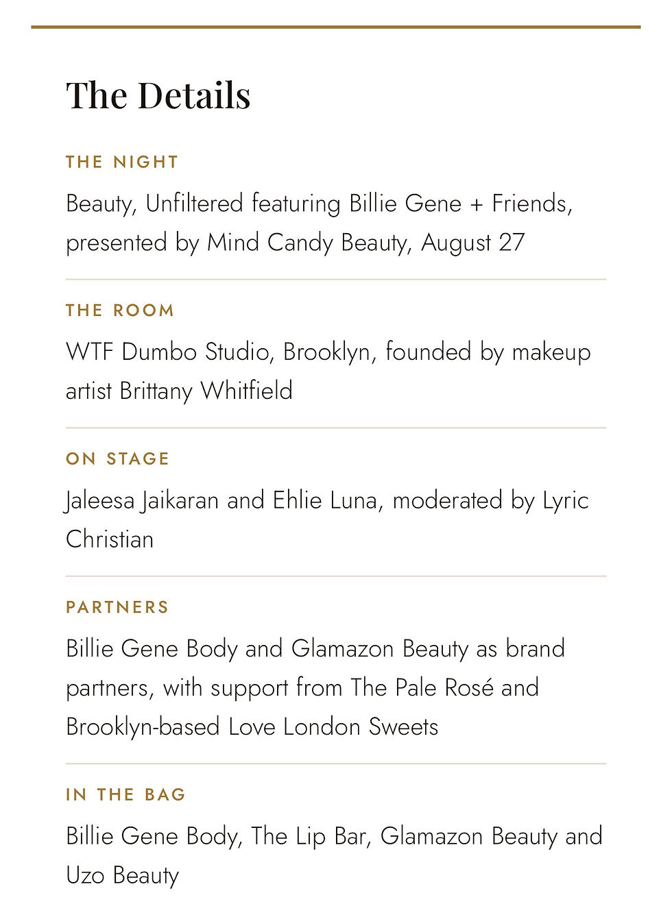 White event details page titled The Details, listing The Night, The Room, On Stage, Partners, and In the Bag.