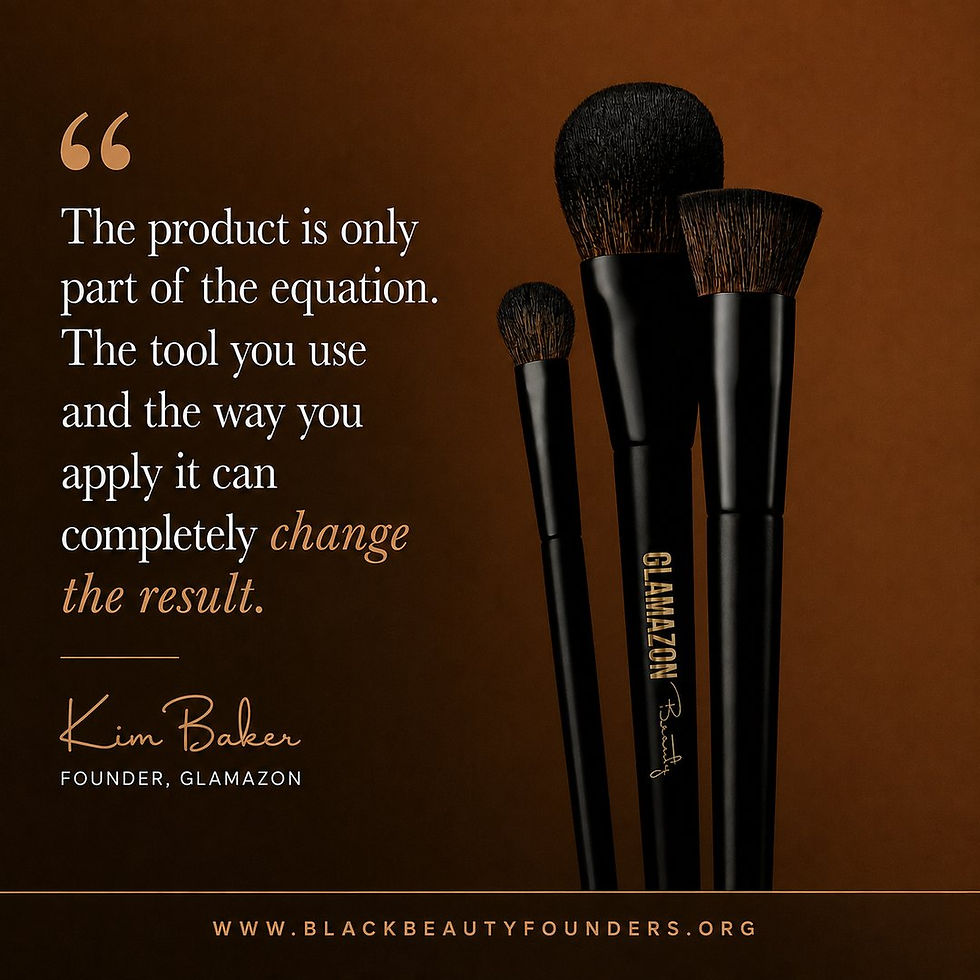 Three black makeup brushes on a brown background beside a quote about tools changing results, signed Kim Baker, Glamazon.