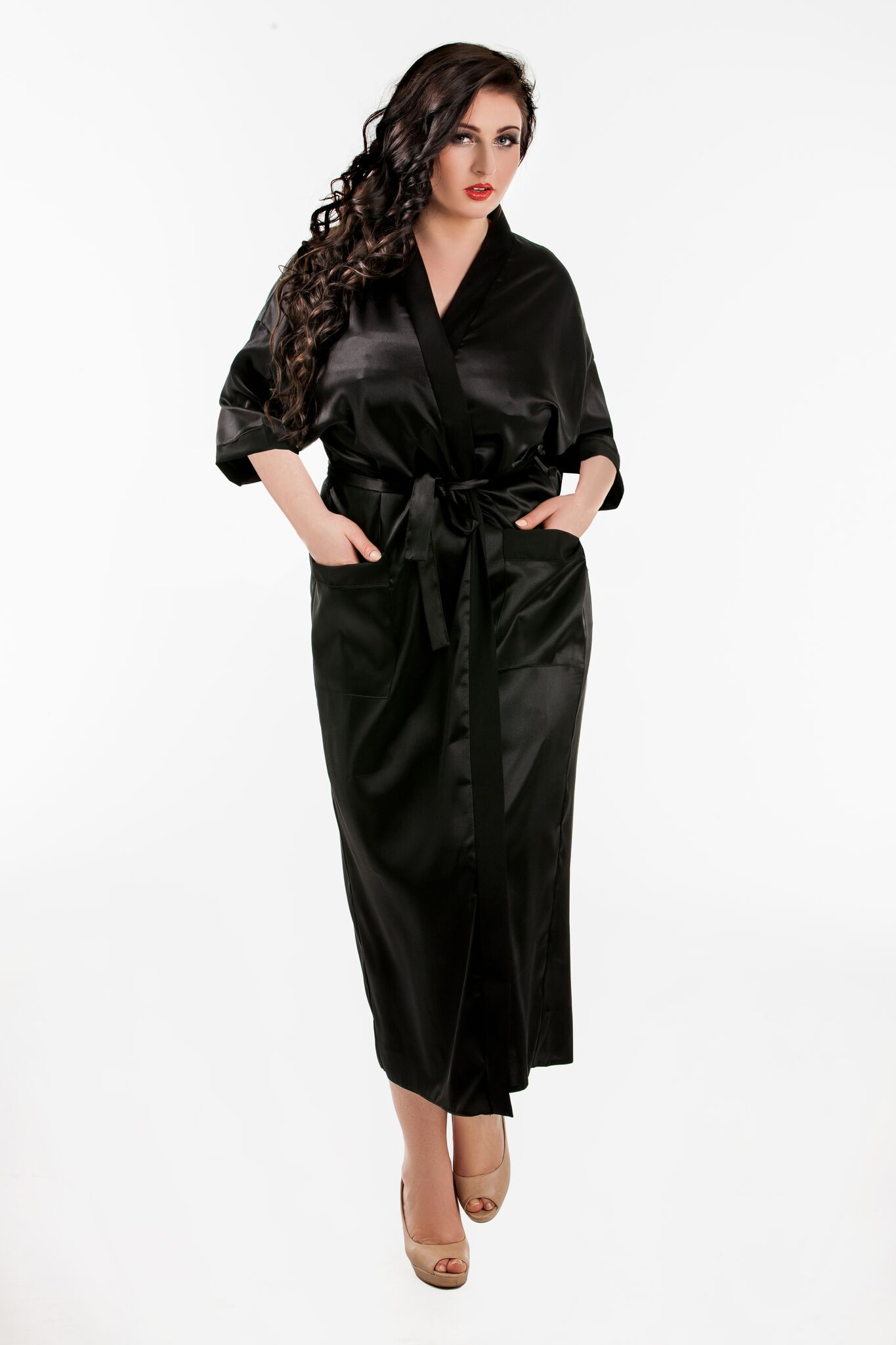 Black Satin Full Length Dressing Gown S-7XL