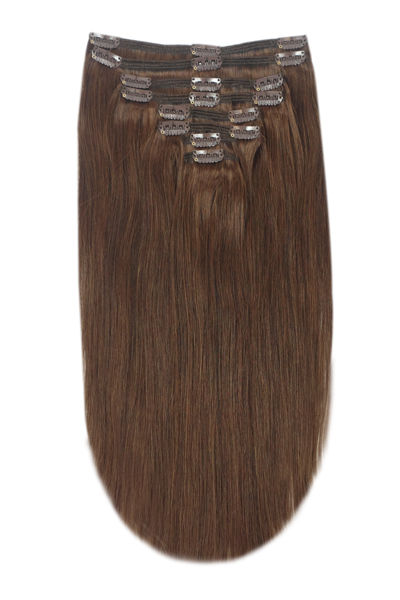 Thumbnail: 18 Inch Full Head Remy Clip in Human Hair Extensions - Medium Brown (#4)