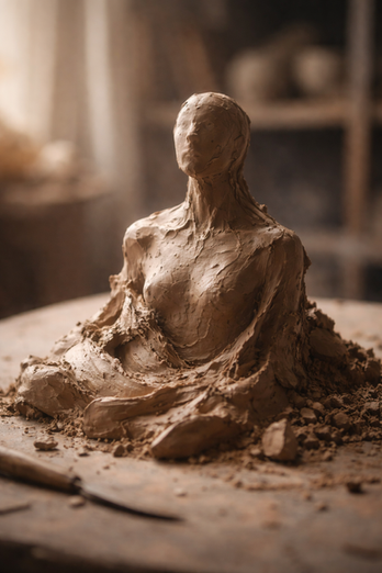 A mound of raw clay in warm studio light beginning to take the shape of a human figure, suggesting one substance holding continuity as form changes.