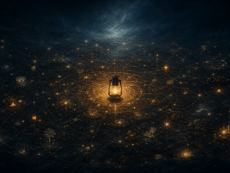 A warm lantern glows at the center of a dark field of luminous threads and scattered lights, suggesting experience organizing around a stable center.