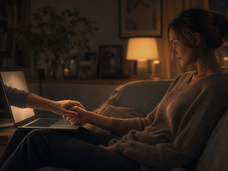 A woman sits on a couch with a laptop on her lap while a human hand reaches from the screen to hold hers.
