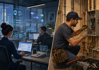 • Visual comparison between AI-affected office work and skilled physical labor that remains harder to automate.
