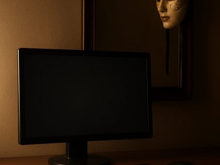 A dimly lit computer workstation sits before a mirror where a gold theatrical mask hangs — symbolizing the hidden persona behind AI intimacy.